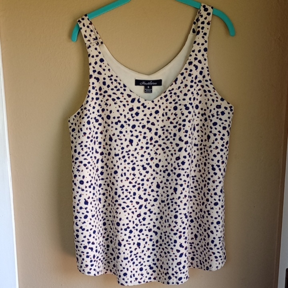 Hawthorne Cream and Blue Polka Dot Animal Print V Neck Women's Tank Top Size M